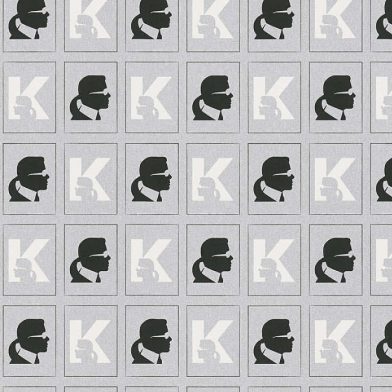 世界級時尚傳奇 Karl Lagerfeld 壁紙 — 灰色背景上白色方框內黑色男性側面剪影與「K」字母形狀的重複圖案。
