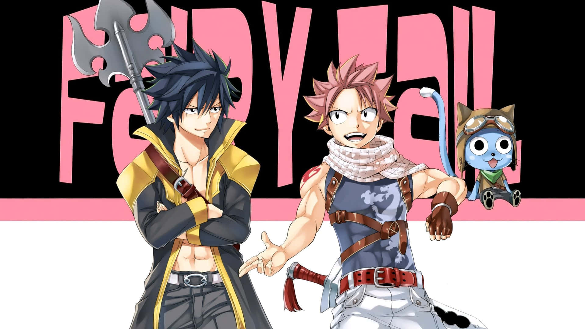兩名動漫角色和一隻戴護目鏡的藍貓站在粉紅色「Fairy Tail」標誌前。