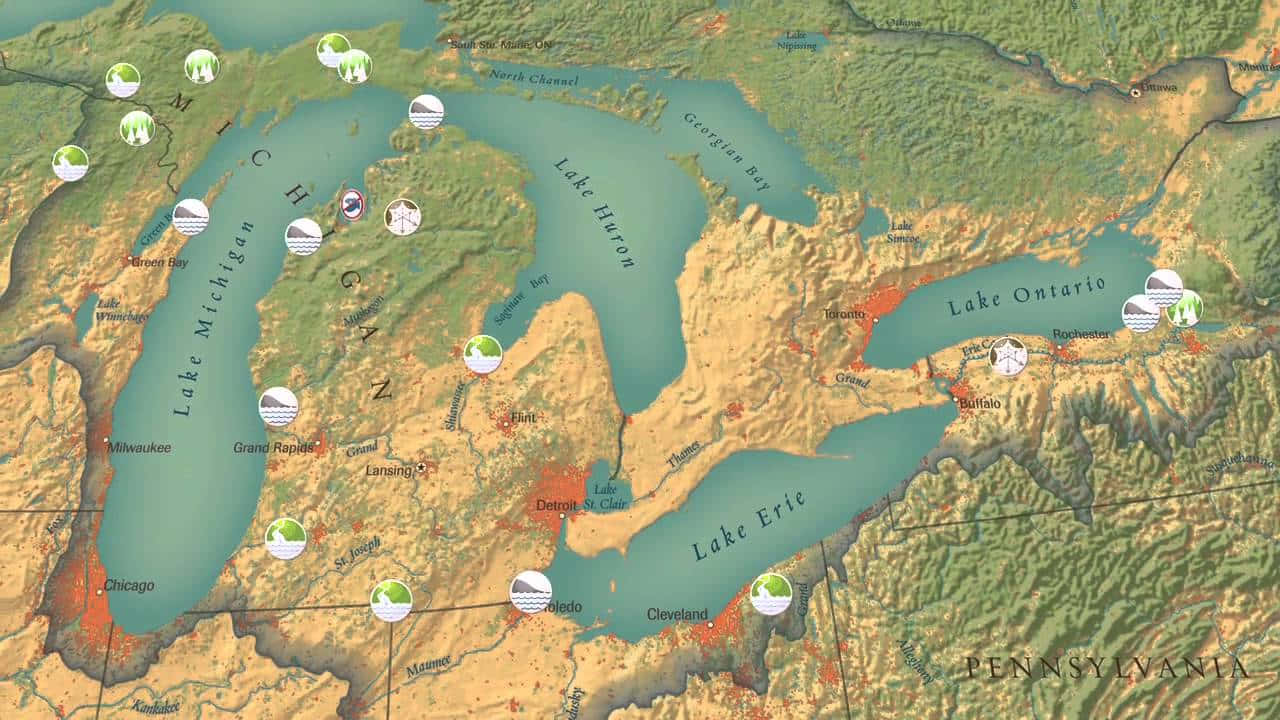 世界著名五大湖地圖 壁紙 — 五大湖地區的詳細地形圖，標有湖泊、城市和標記興趣點的圖標。