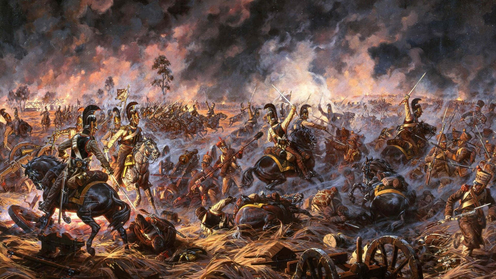 古代騎兵和步兵在煙霧瀰漫的天空下，於熾熱的戰場上交戰。
