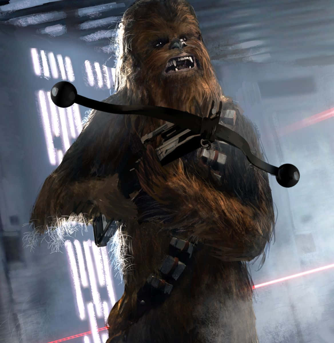 Wookiee 桌布 壁紙 — 丘巴卡在光線昏暗的太空船走廊中，伴隨著紅色雷射閃光，兇猛地咆哮著揮舞弩槍。