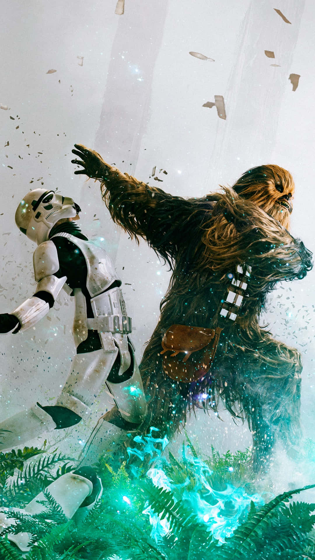 Return Of The Jedi 桌布 壁紙 — 丘巴卡在破碎的碎片和蕨類植物中向暴風兵揮舞著發光的綠色武器。