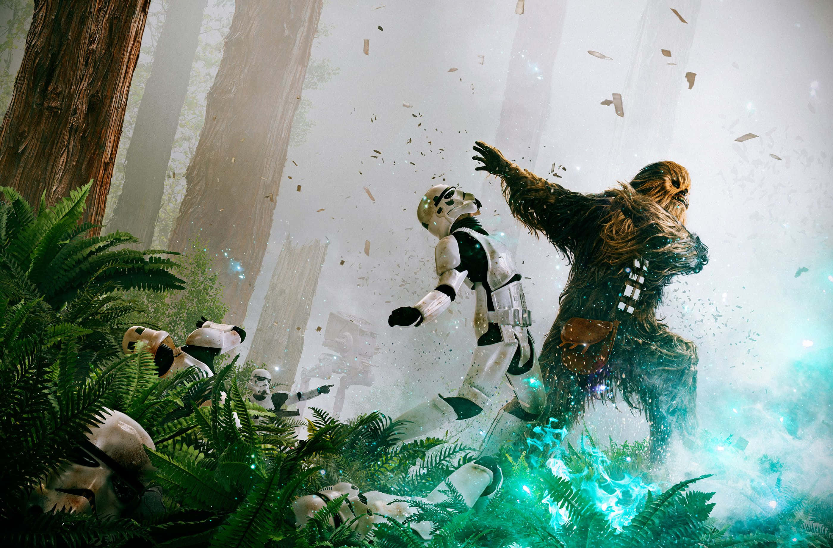 Wookiee 桌布 壁紙 — 丘巴卡在迷霧森林中與暴風兵戰鬥，綠色能量發光，碎片四處飛落。