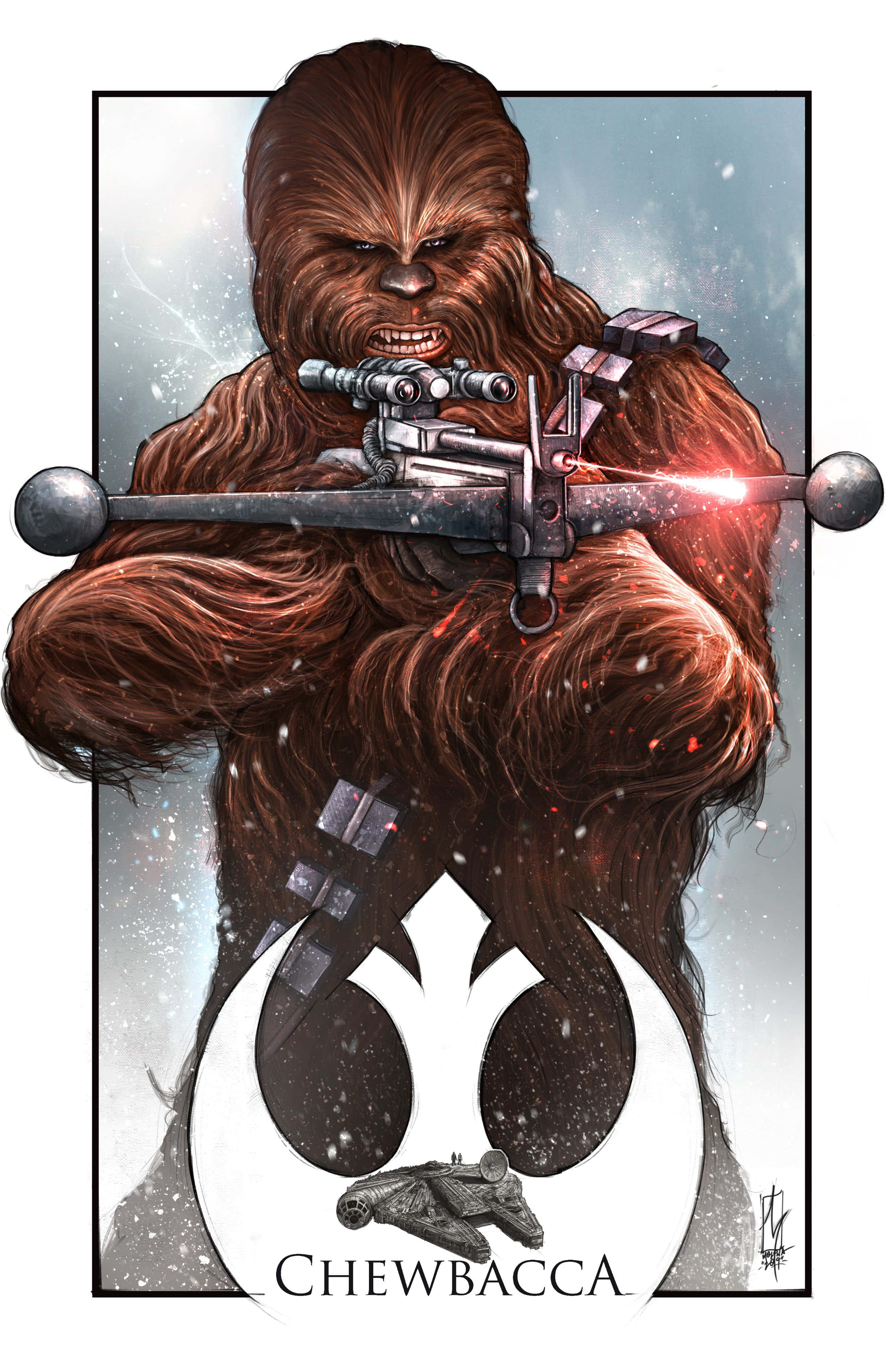 Wookiee 桌布 壁紙 — 丘巴卡在雪地背景下兇猛瞄準爆能步槍，毛髮細節清晰，武器中飛出紅色火花。
