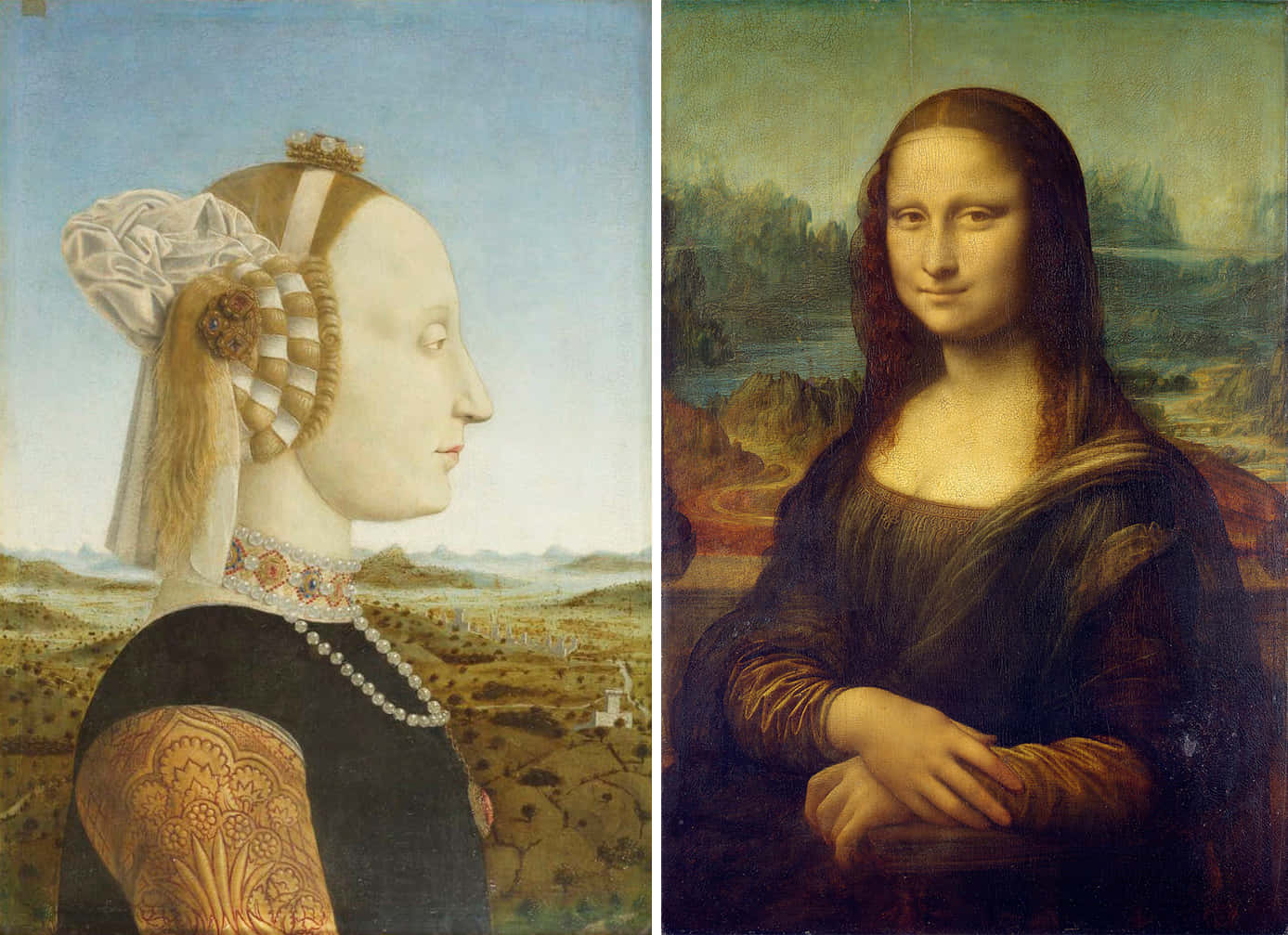 Mona Lisa 桌布 壁紙 — 並排嘅文藝復興肖像畫：側面戴面紗嘅貴族女士同帶住神秘微笑嘅蒙娜麗莎。