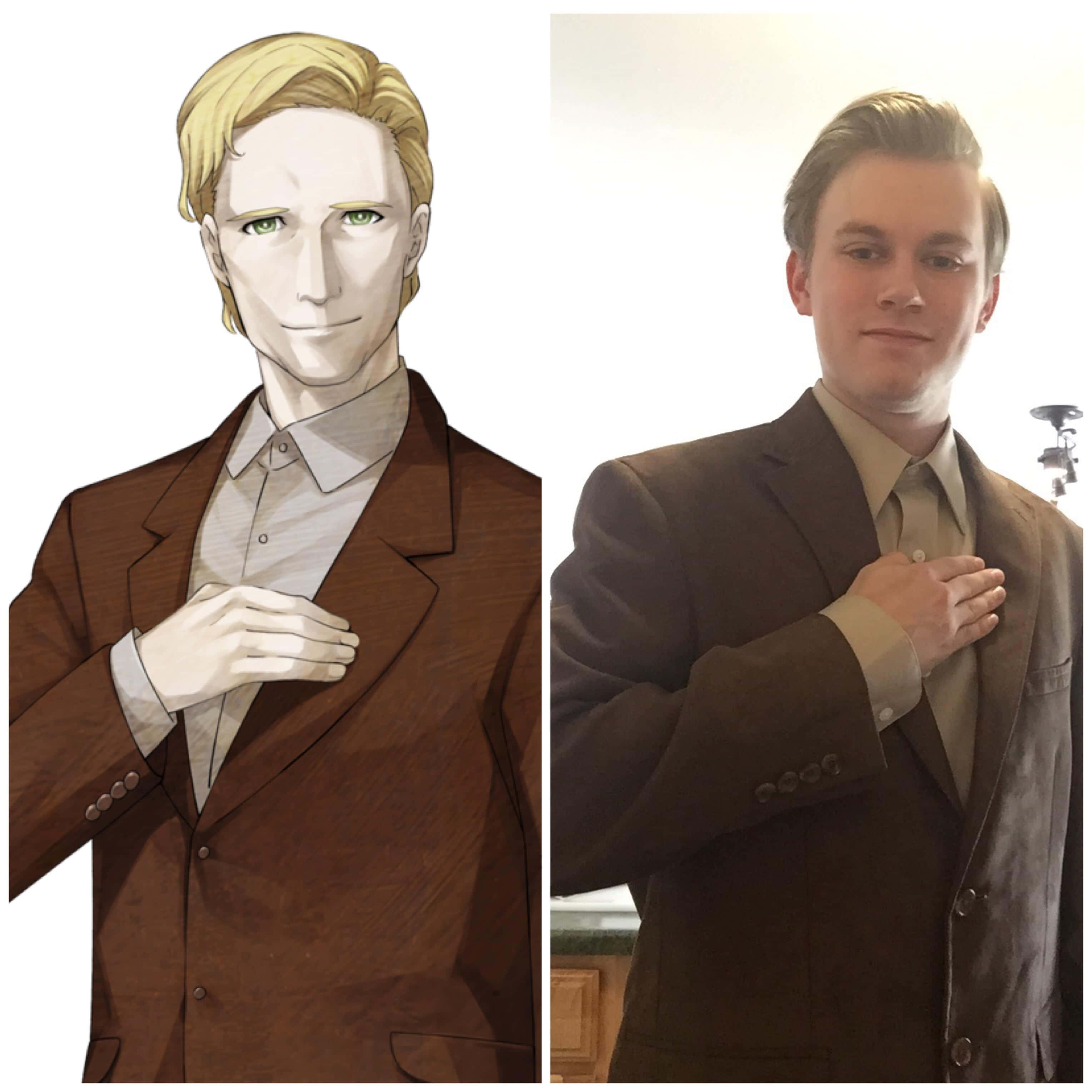 Alexis Leskinen 桌布 壁紙 — 並排比較一位動漫風格的金髮男子穿著棕色西裝，與其現實生活中的對應人物擺出相同姿勢。