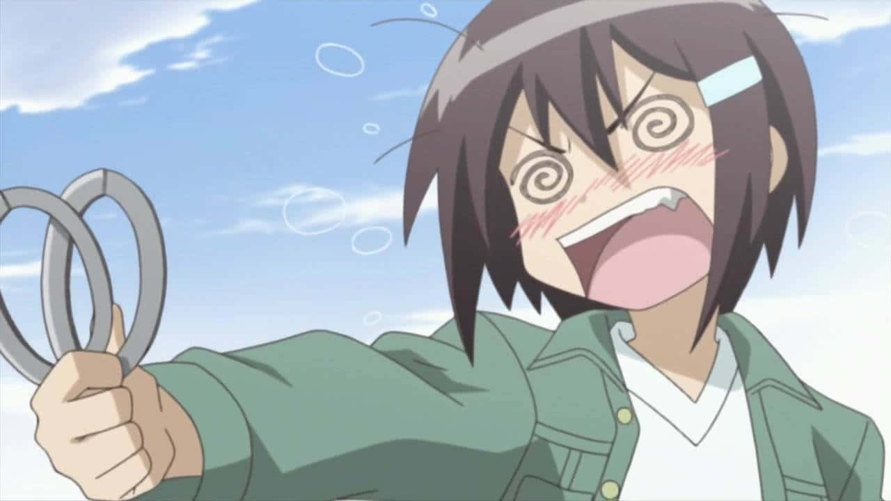 動漫女孩拿著剪刀和泡泡在天空尖叫