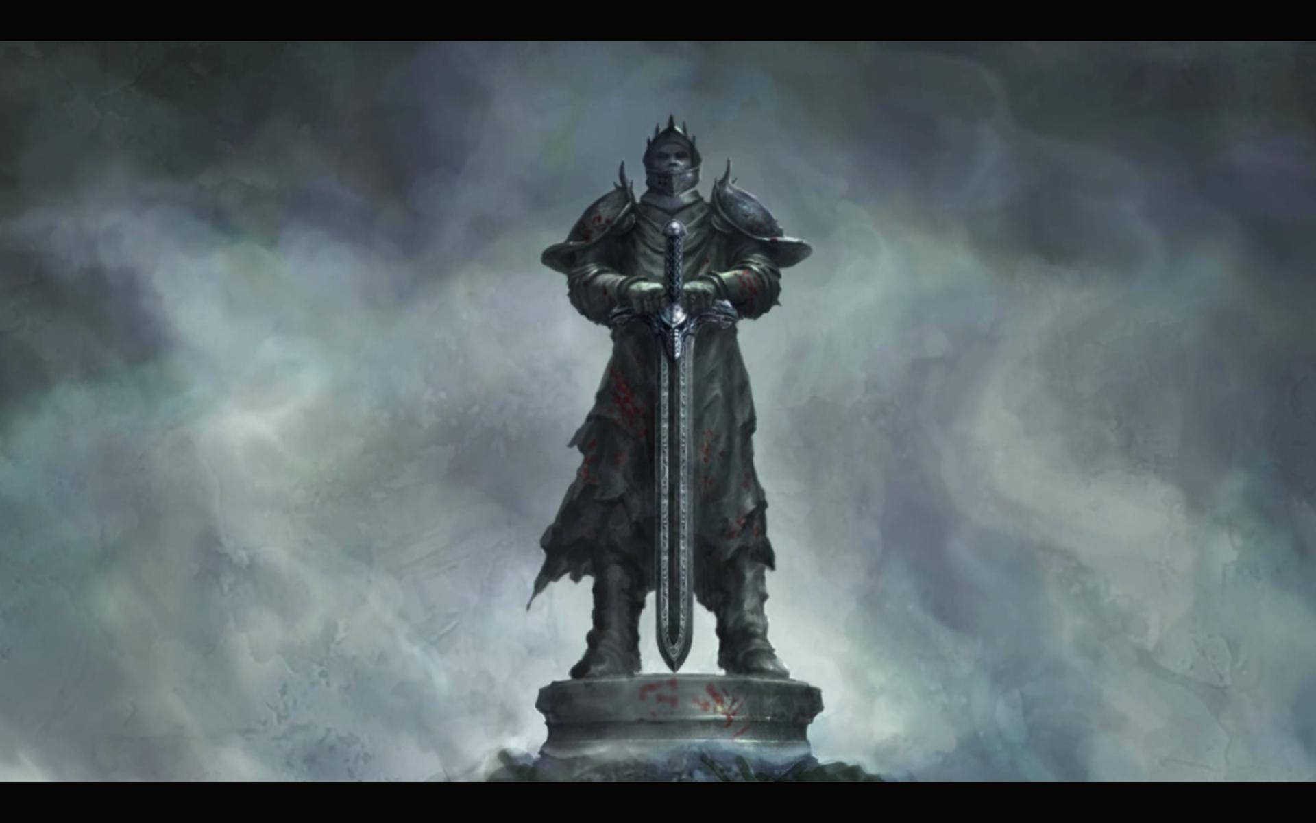 身穿暗色盔甲的騎士雕像在暴風雨天空下持劍。