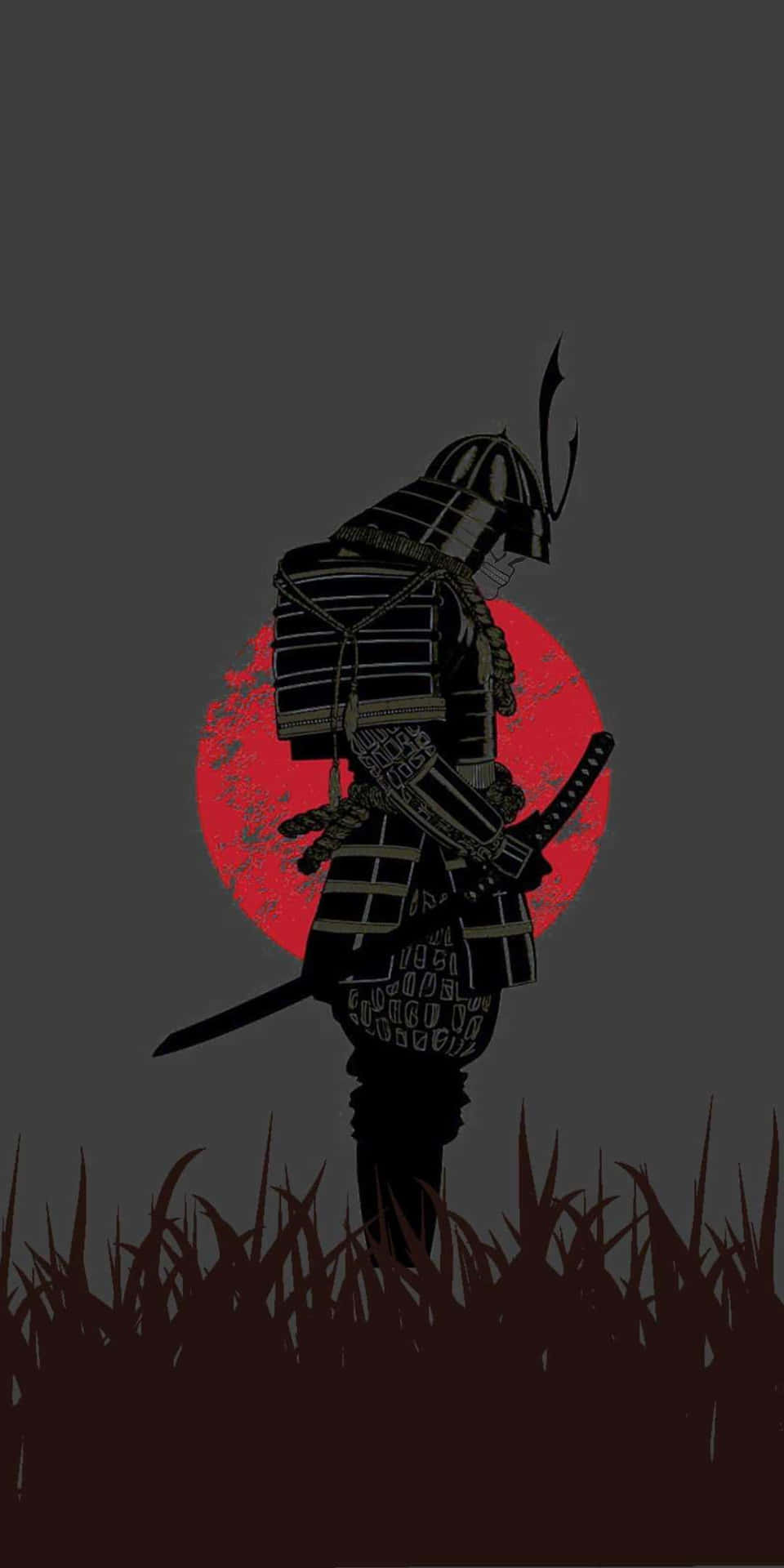 武士剪影持劍，背景是高草中的紅太陽。