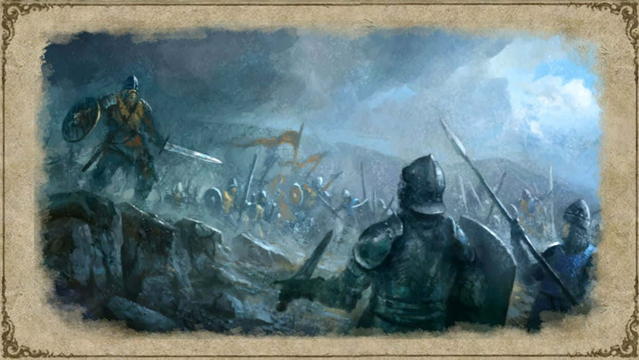 Crusader 桌布 壁紙 — 中世紀騎士在岩石山丘上，於風暴天空下捲雲混戰。