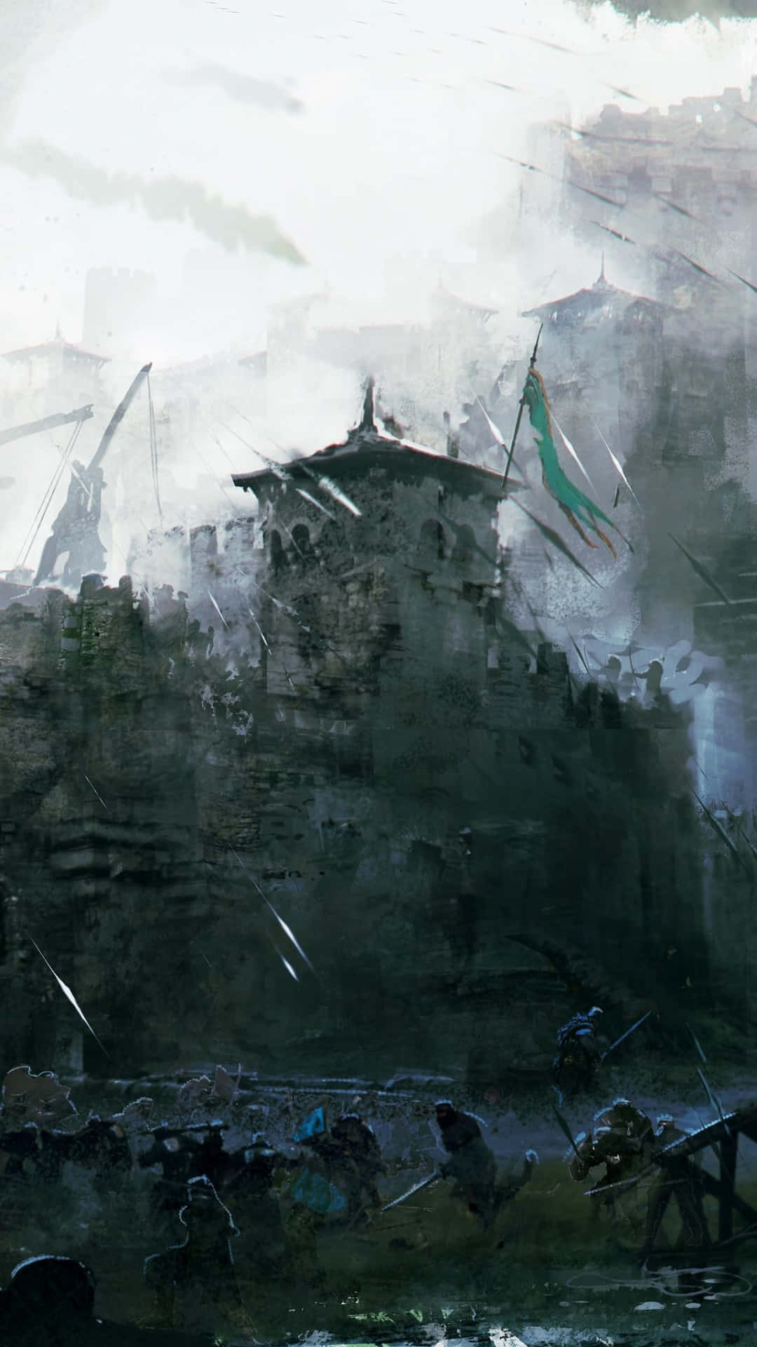 中世紀士兵在霧濛濛的天空下，於被雨水浸濕的堡壘附近戰鬥。