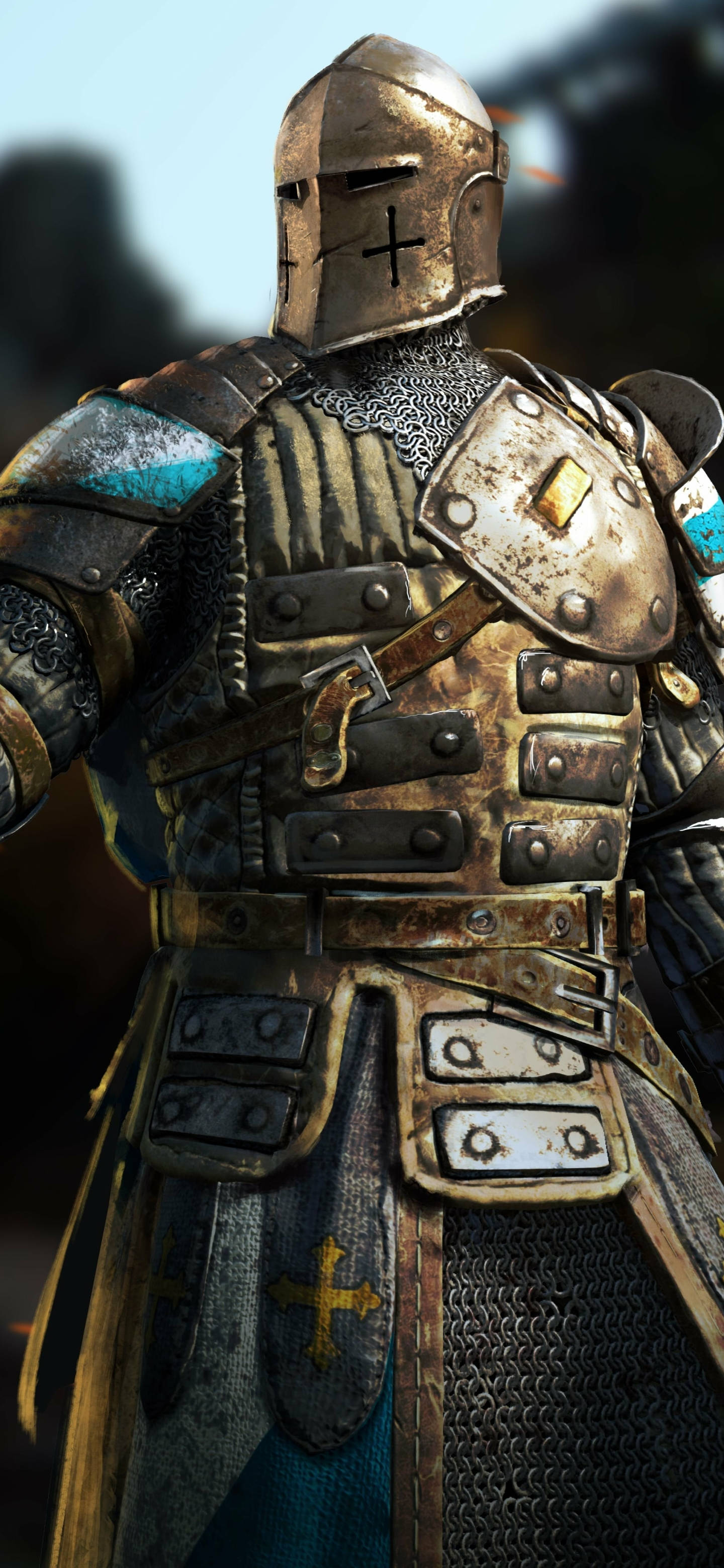 for honor 4K 桌布 壁紙 — 中世紀騎士身穿帶有藍色點綴和鎖子甲的風化盔甲，站在陽光明媚的田野中的特寫。