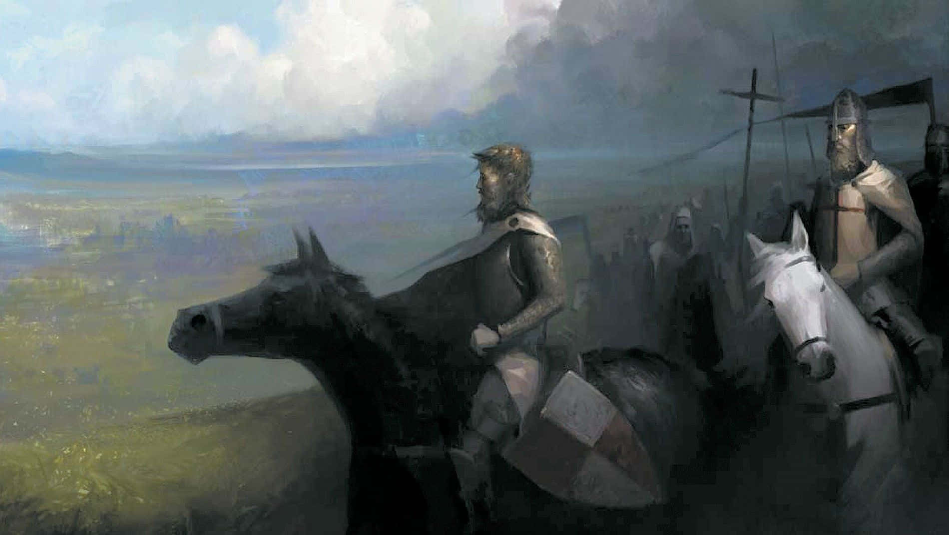 Crusader 桌布 壁紙 — 中世紀騎士身穿盔甲，騎馬穿過多雲天空下的迷霧戰場。