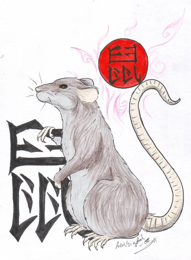 中國十二生肖鼠的藝術詮釋 壁紙 — 一隻灰色老鼠直立站立的詳細插圖，旁邊是風格化的黑色字體，上方有一個帶有中文字的紅色圓形徽章。