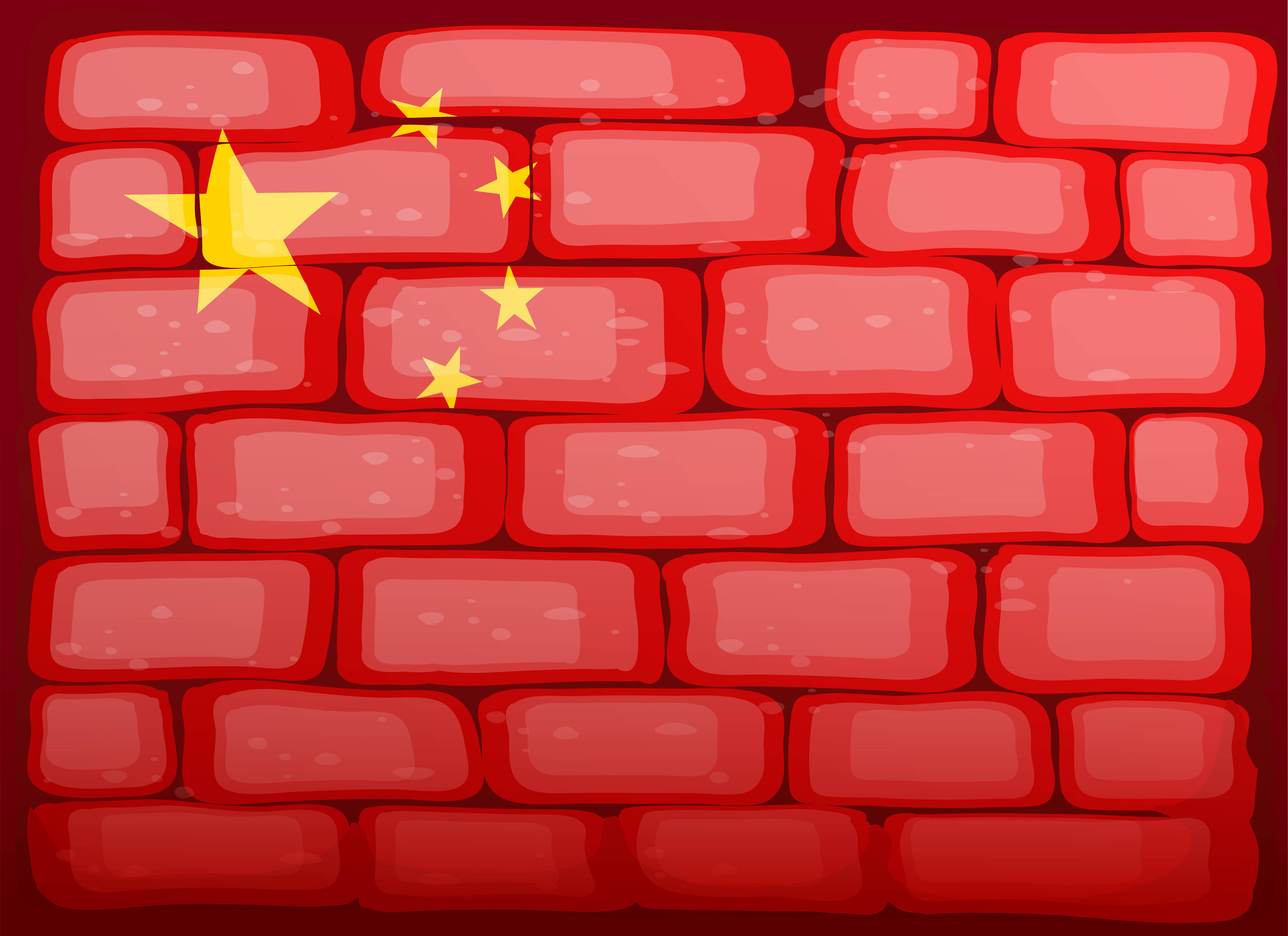 中國國旗磚牆 壁紙 — 卡通風格嘅紅磚牆，上面有中國國旗設計，包含一粒大黃星同四粒細星。