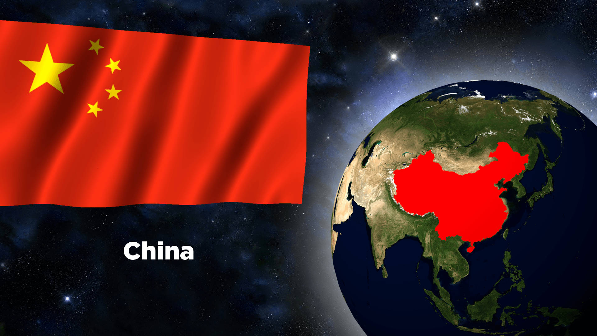 中國國旗與地球 壁紙 — 一面鮮豔的中國國旗在一個以星空宇宙為背景、中國以紅色突出顯示的地球旁邊飄揚。
