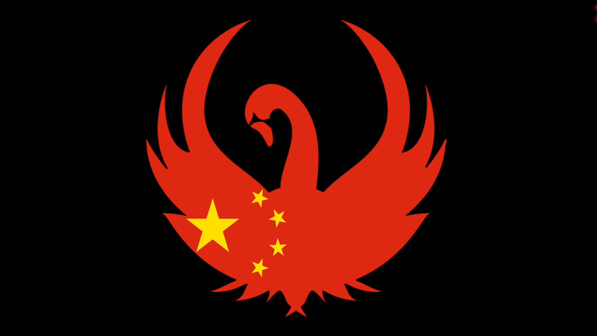 中國國旗與白天鵝 壁紙 — 一隻大膽的紅色鳳凰，帶有黃色星星，在黑色背景上象徵重生和民族自豪感。
