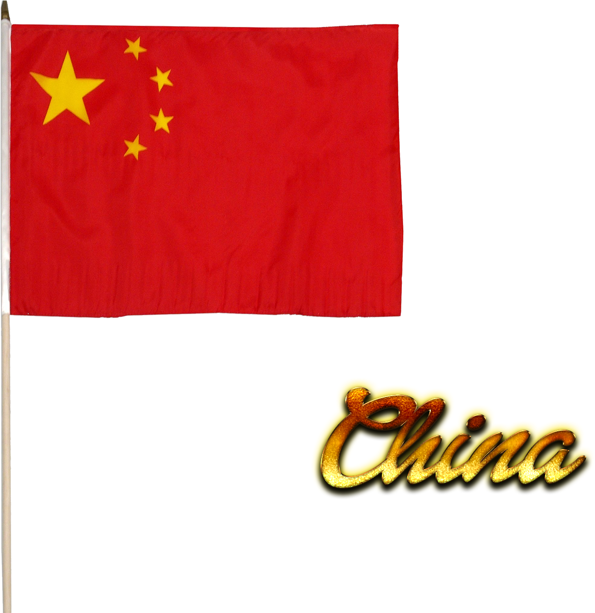 中國國旗與金色文字 壁紙 — 一面帶有黃色星星的紅色中國國旗，在黑色背景上與閃閃發光的中國金色文字標誌並排飄揚。