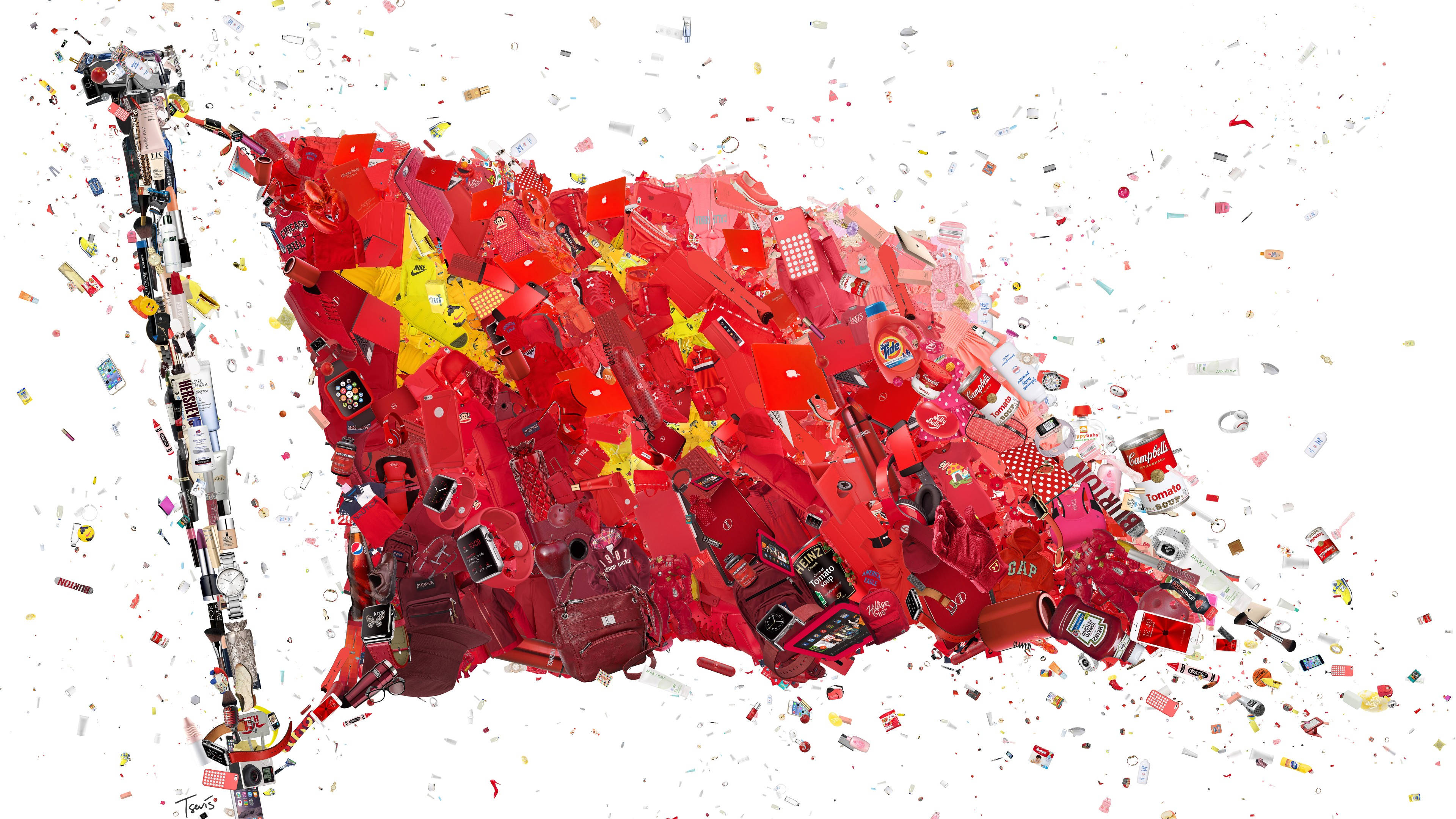 中國國旗馬賽克 壁紙 — 由散落的消費品和碎片組成的中國國旗，背景為純白色。