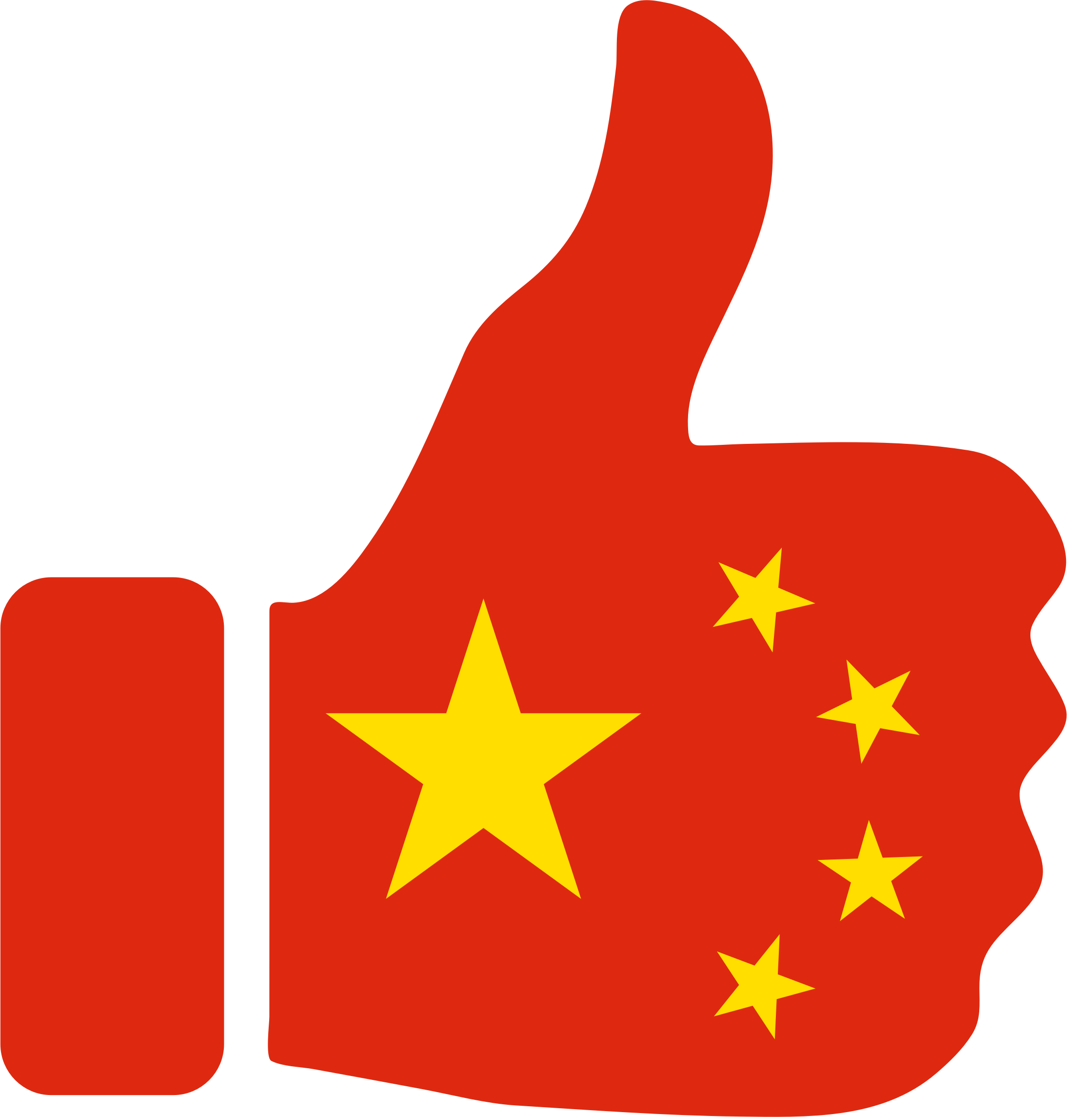 中國國旗點贊圖形 壁紙 — 一個大膽的紅色豎起大拇指圖標，填充了中國國旗圖案，有一顆大星星和四顆小黃星。