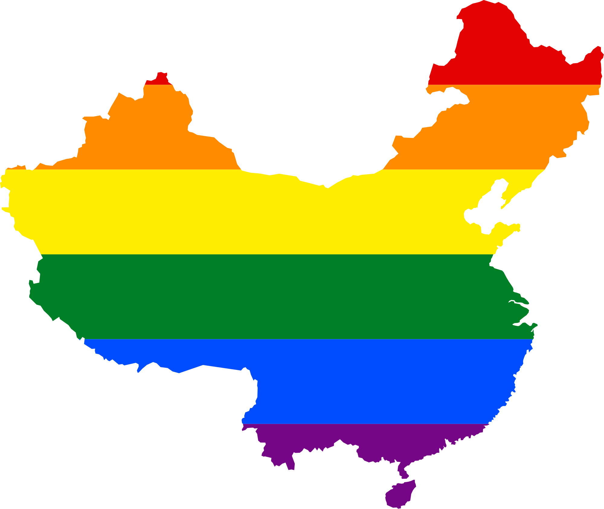 中國地圖彩虹色 壁紙 — 一個大膽的中國輪廓，在黑色背景上填充了水平的彩虹條紋。