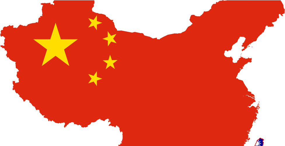 中國地圖配國旗疊加 壁紙 — 一張大膽的紅色中國地圖，上面覆蓋著國旗的黃色星星，背景為黑色。