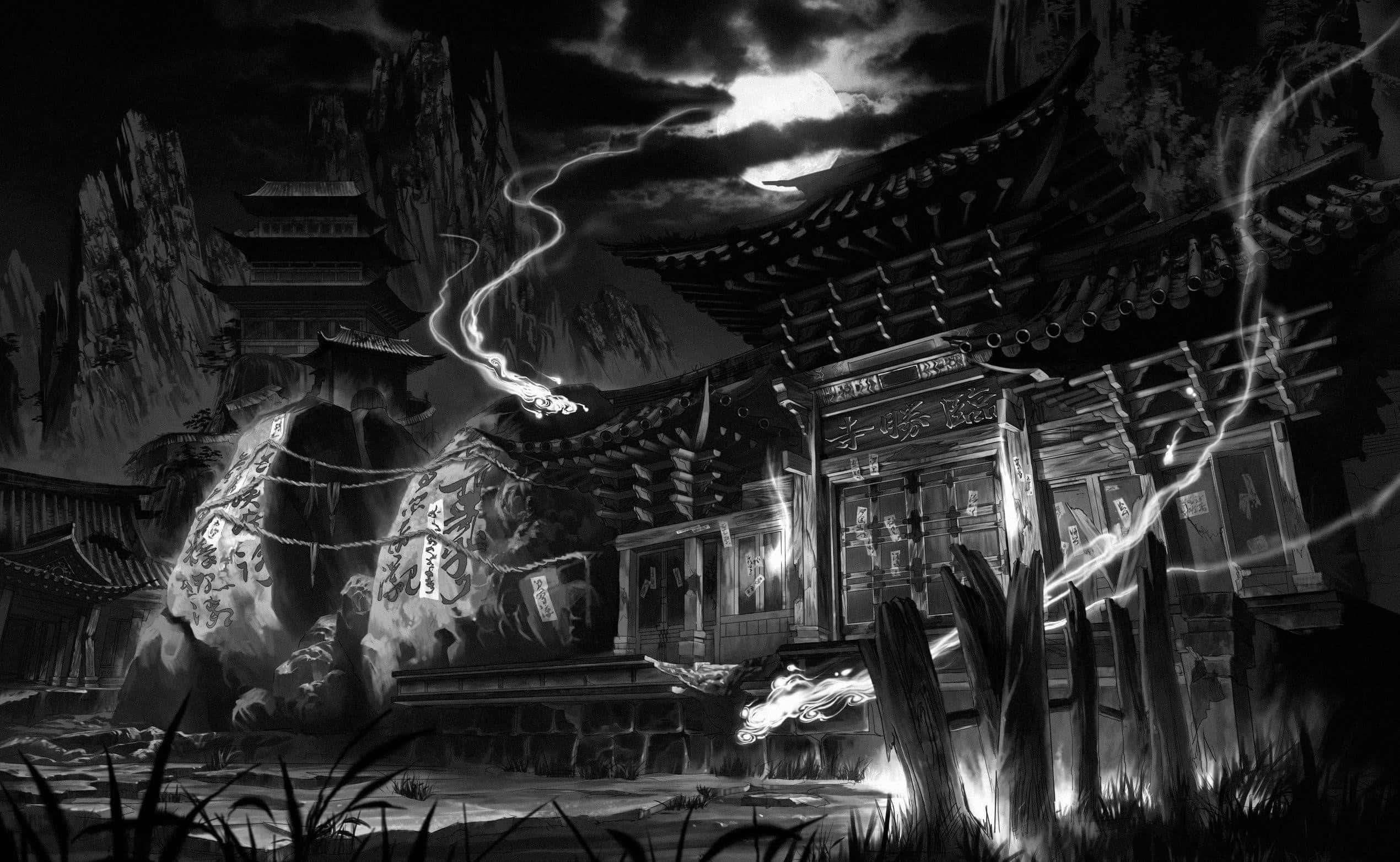 中國寺廟黑白插圖 壁紙
