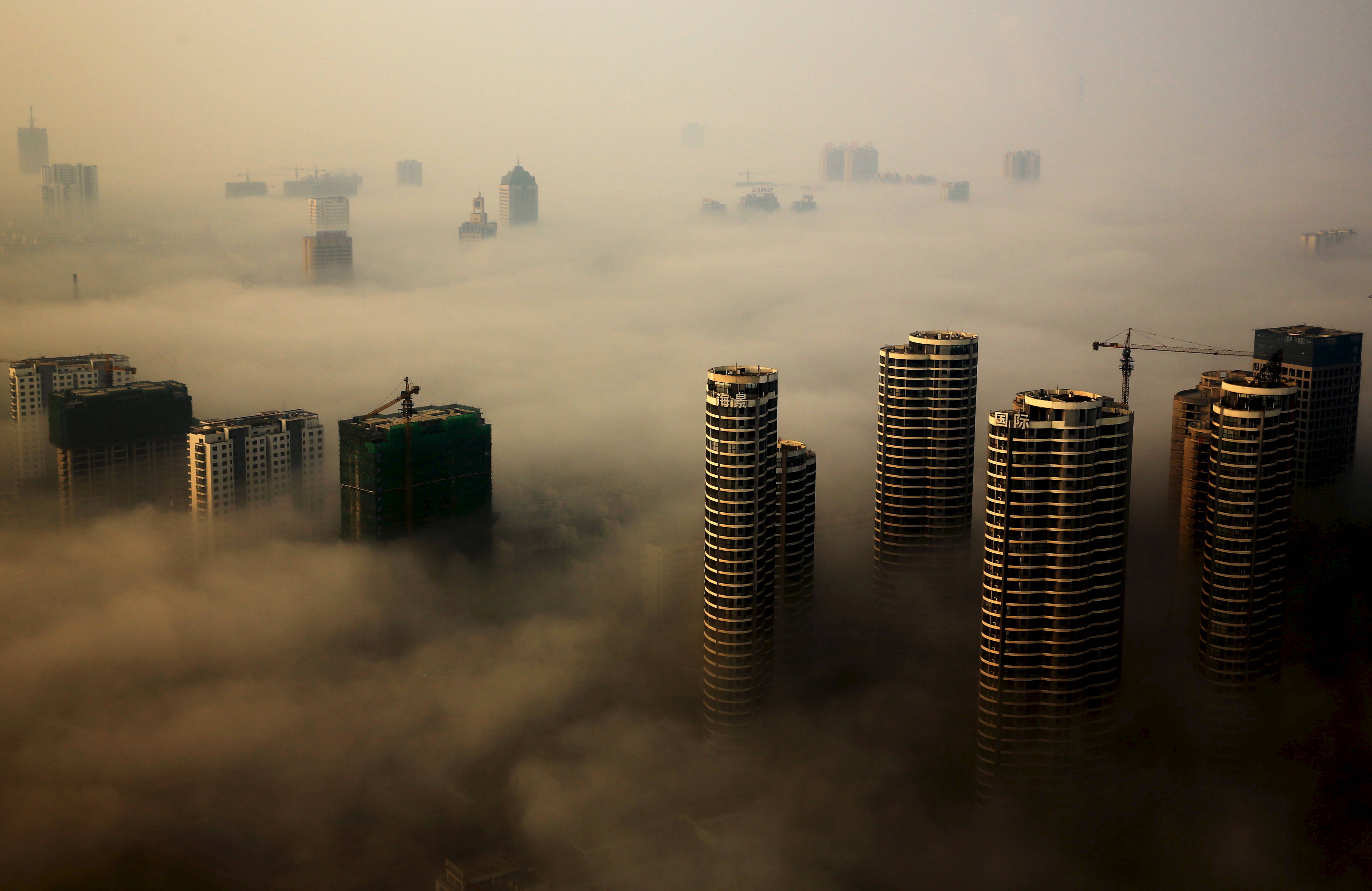 中國山東日照高樓霧霾景象 壁紙 — 高聳的摩天大樓在黎明時分穿透濃厚的金色霧毯，形成朦朧的城市天際線。