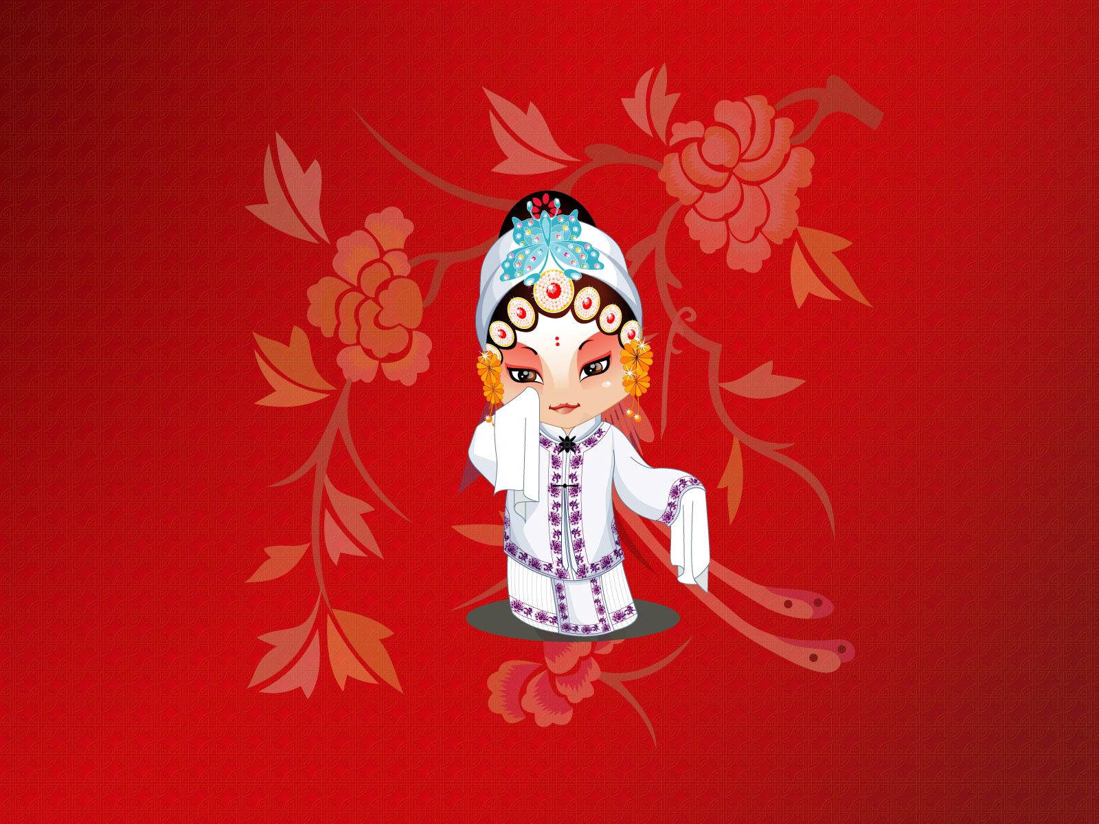 卡通歌劇表演者穿著傳統服裝，背景為花卉圖案。