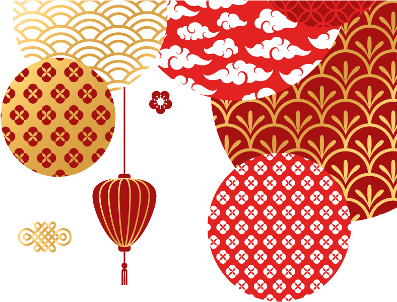 中國新年傳統裝飾圖案 壁紙 — 鮮豔的紅色和金色圓形圖案，帶有傳統中國元素，在黑色背景上懸掛著燈籠。