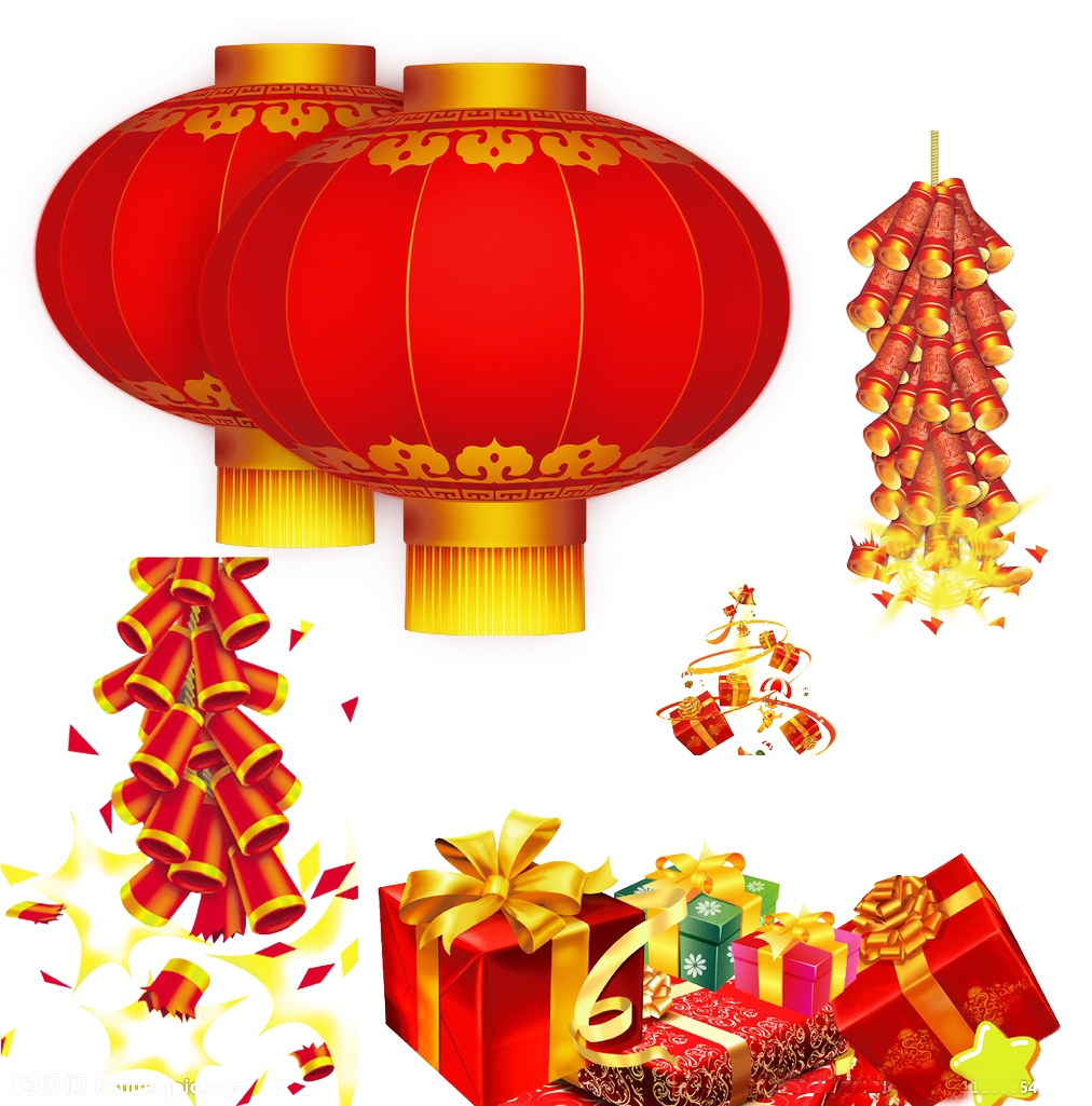 中國新年傳統裝飾集合 壁紙 — 鮮豔的紅色中國燈籠、金色煙花和彩色禮品盒在黑色背景上慶祝節日。