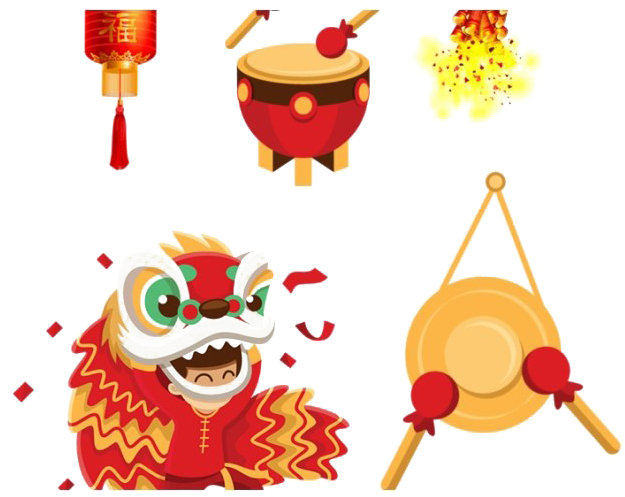 中國新年慶祝圖標集 壁紙 — 充滿活力的卡通風格農曆新年圖標，包括舞獅、鼓、鑼和帶有節日閃光的紅燈籠。
