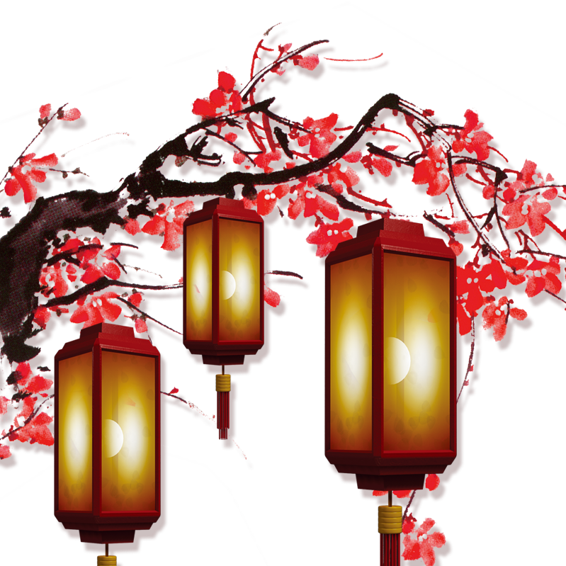中國新年燈籠與梅花 壁紙 — 三個發光的紅色燈籠掛在鮮紅色花朵的枝條下，背景是純黑色。