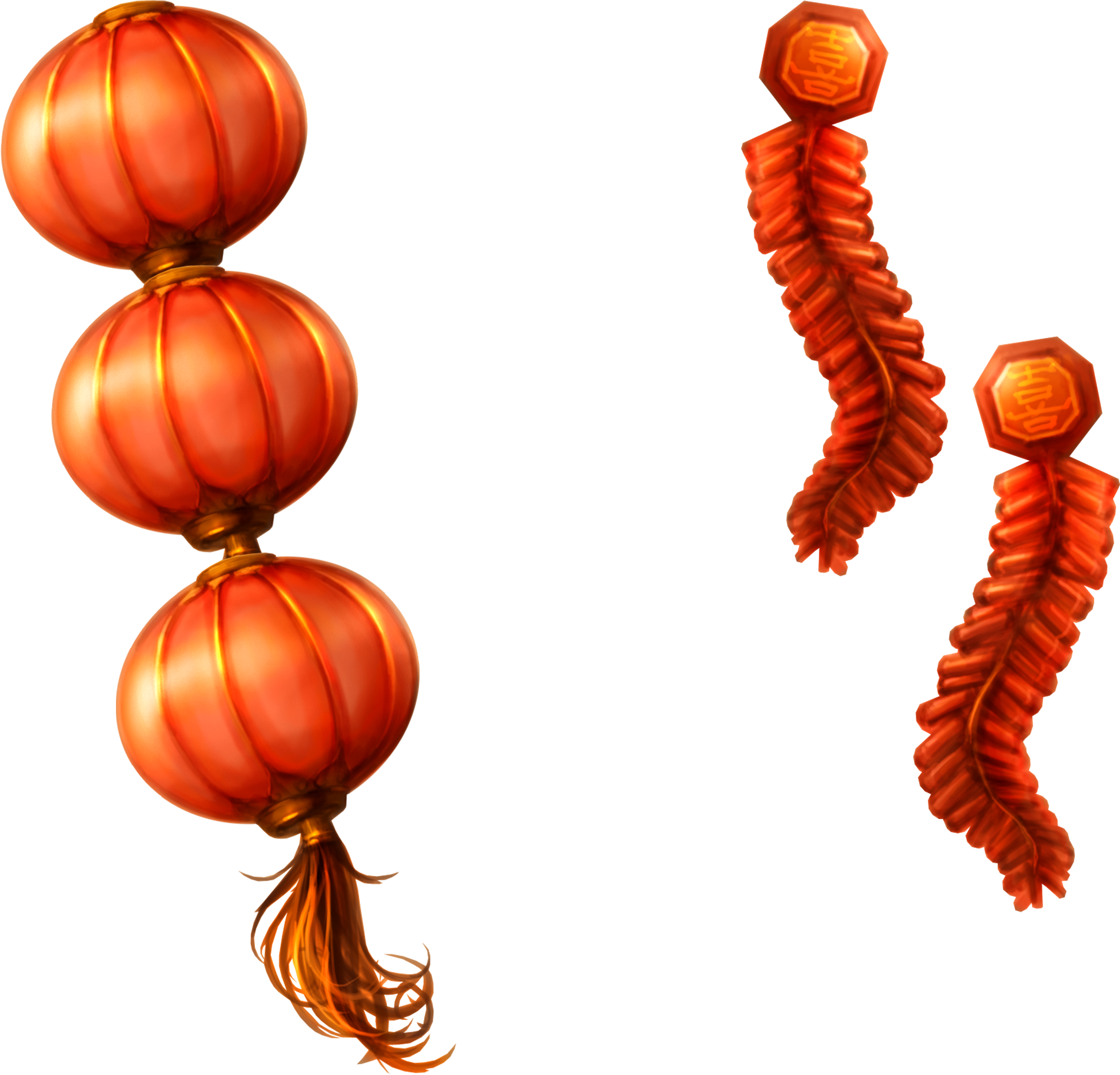 中國新年紅燈籠 壁紙 — 三個疊起的紅色中國燈籠，帶有金色邊飾和流蘇，漂浮在兩串紅色鞭炮旁邊，背景為黑色。
