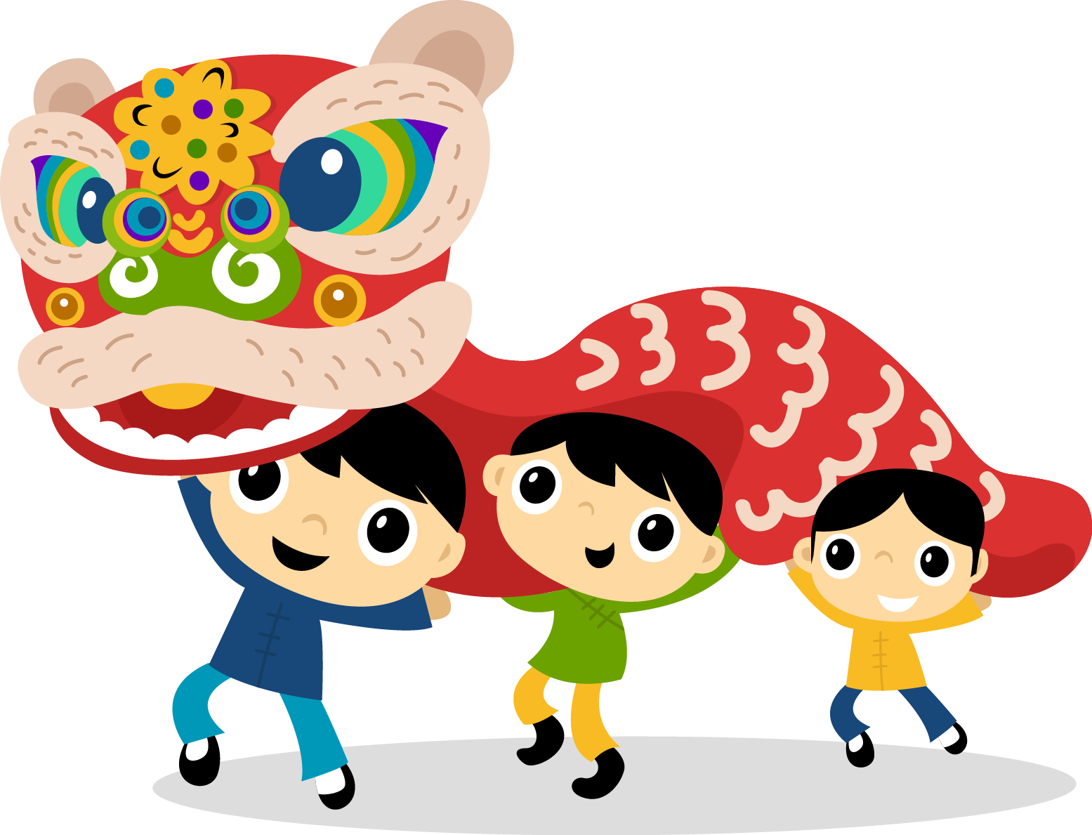 中國新年舞獅卡通 壁紙 — 三個開心的孩子愉快地表演充滿活力的紅色舞獅，配有色彩繽紛的華麗獅頭。