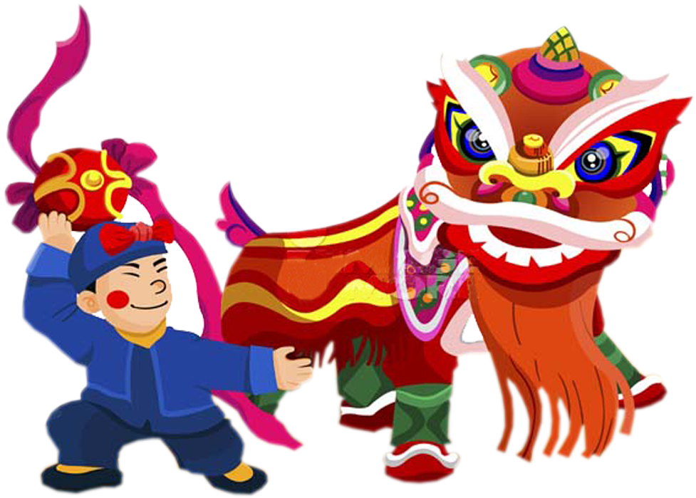 中國新年舞獅慶祝 壁紙 — 一個快樂的男孩穿著藍色服裝，在黑色背景前引導一個鮮豔的紅色和金色舞獅木偶。