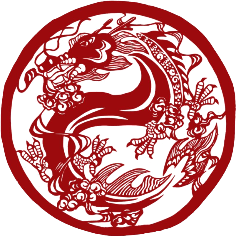 中國新年龍剪紙藝術 壁紙 — 一個大膽的紅色圓形剪紙龍設計，帶有複雜的圖案，襯托在 stark 黑色背景上。