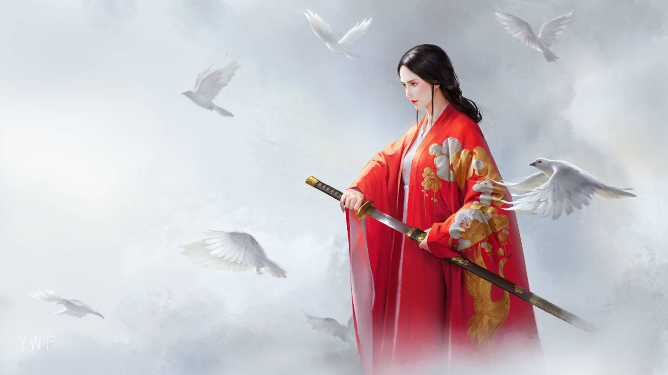一位身穿紅色和服的女子手持劍，被霧雲中的白鴿環繞。