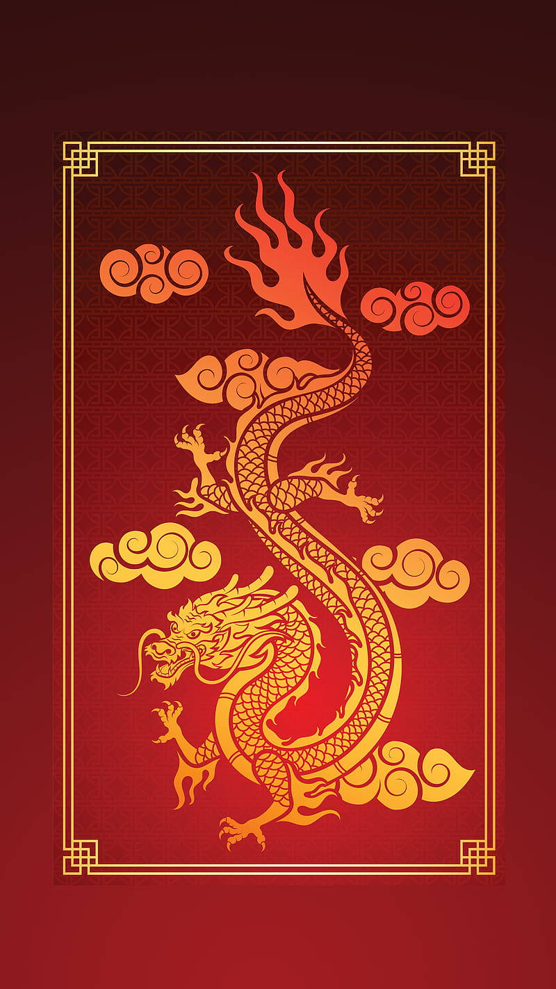 金色中國龍插圖，紅色背景，帶有裝飾性雲彩和邊框。