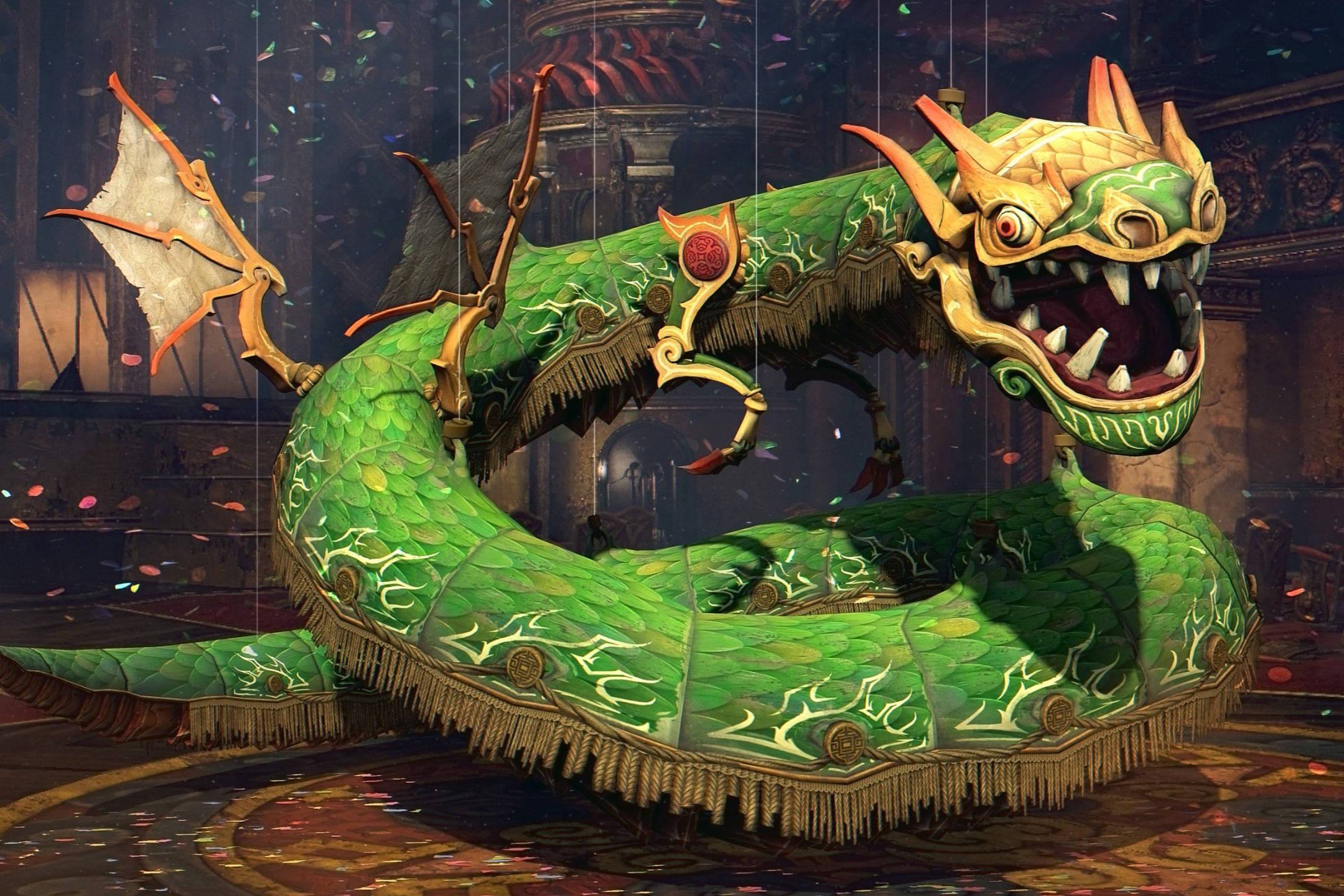 中國紙製綠龍 壁紙 — 一條雄偉的綠色龍，帶有金色點綴和華麗的流蘇，在一個昏暗的大廳中戲劇性地盤繞。