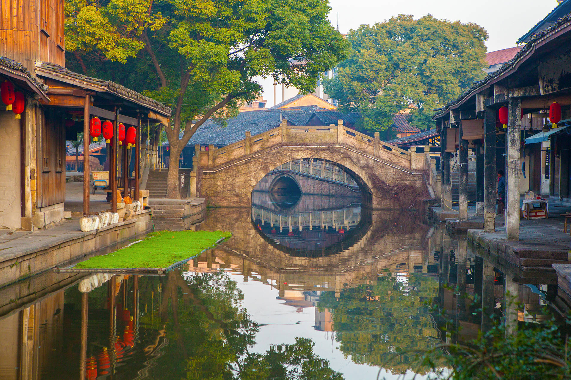 中國紹興城市 壁紙 — 一座寧靜的石拱橋橫跨平靜的運河，倒映著傳統木建築和茂密的綠樹，在柔和的光線下。