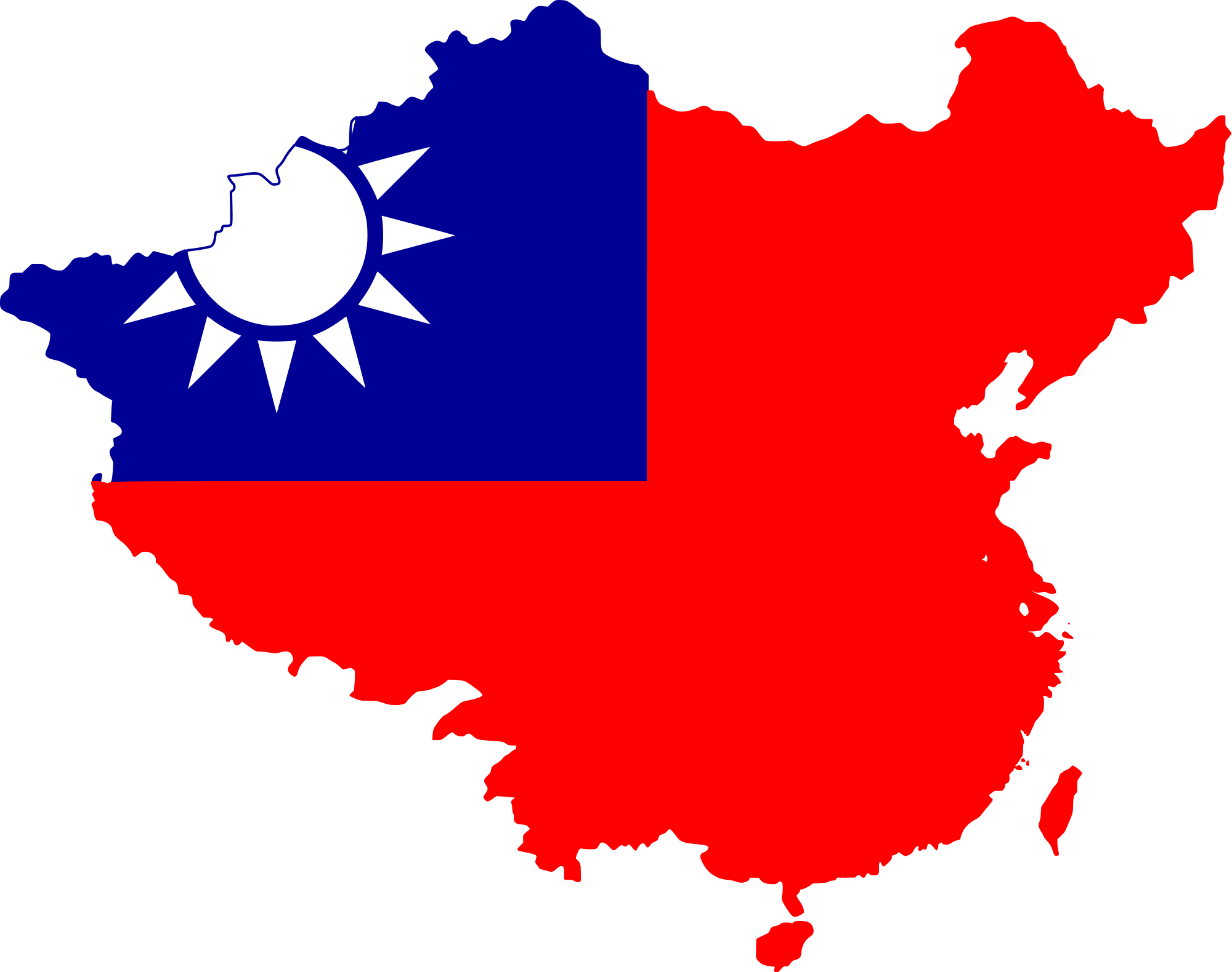中國與台灣地圖疊加圖 壁紙 — 中國地圖，左上角有紅藍色的台灣旗幟，背景為黑色。