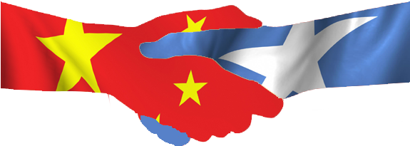 中國與索馬里握手旗幟 壁紙 — 兩隻手分別呈越南和蘇格蘭國旗形狀，在黑色背景前進行象徵性的握手。