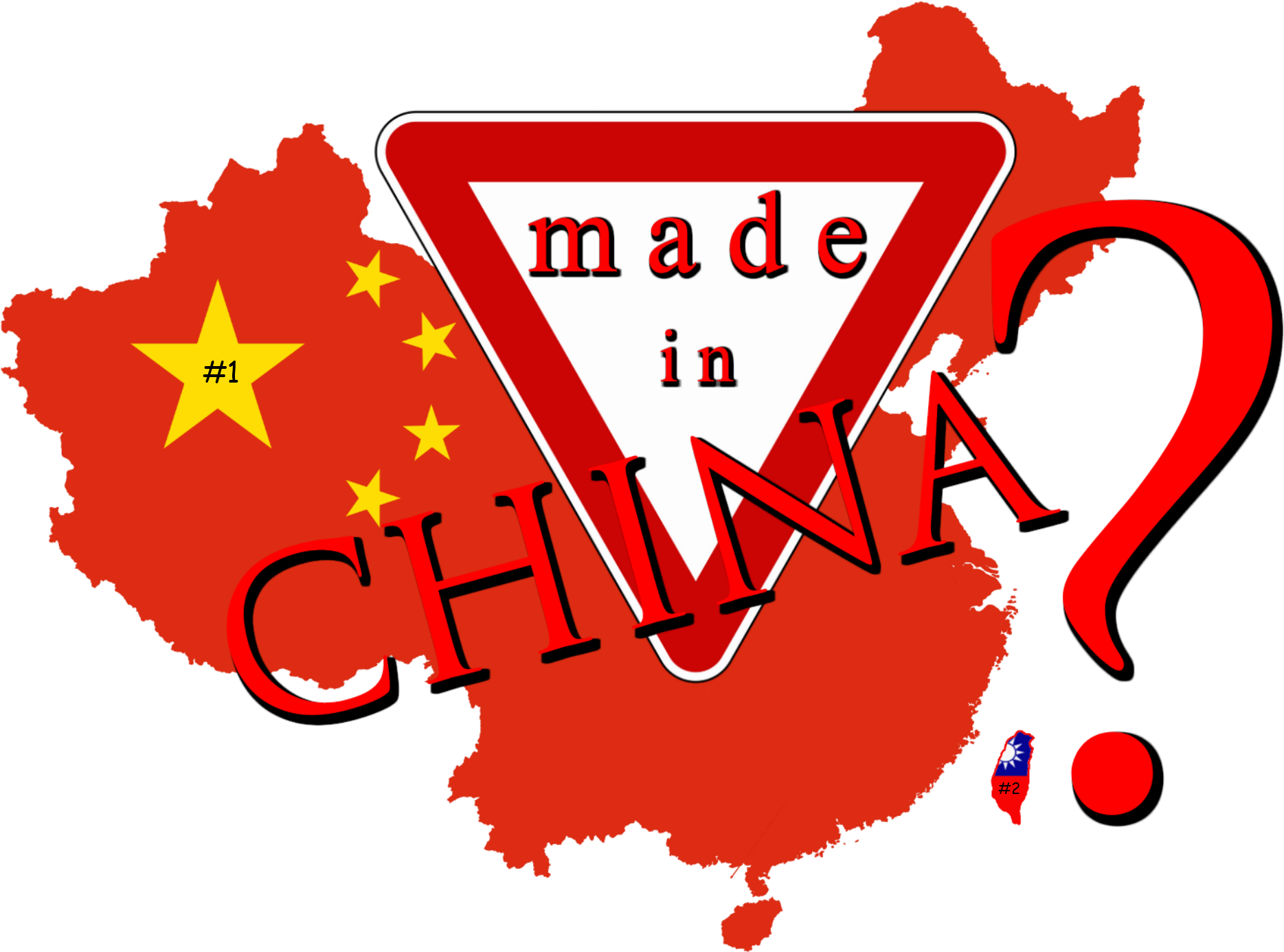 「中國製造」概念插畫 壁紙 — 一個紅色三角形警告標誌，上面有 'made in' 文字，覆蓋在一個像國旗一樣帶有黃色星星的中國地圖上。