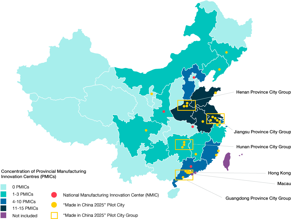 中國製造創新中心地圖 壁紙 — 一張風格化的中國地圖，區域以青綠色和藍色陰影顯示，並以黃色圓點和輪廓框標記，背景為黑色。