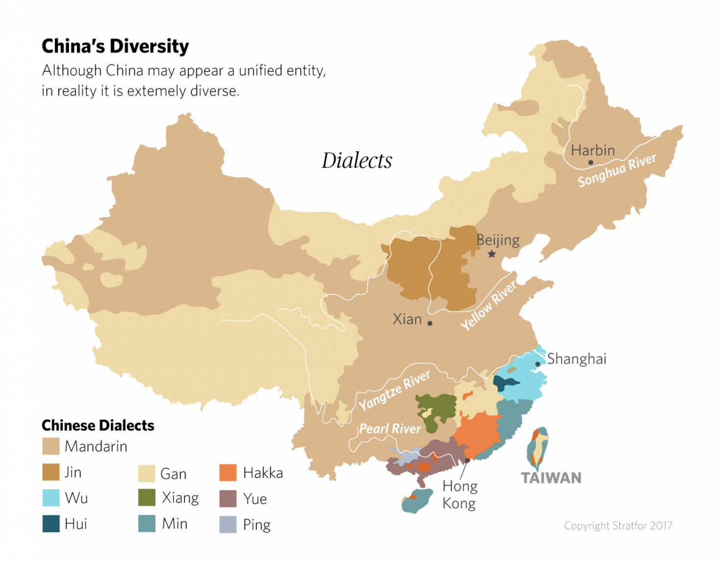 中國語言多樣性地圖 壁紙 — 一張風格化的中國地圖，河流和主要城市標註在黑色背景上。