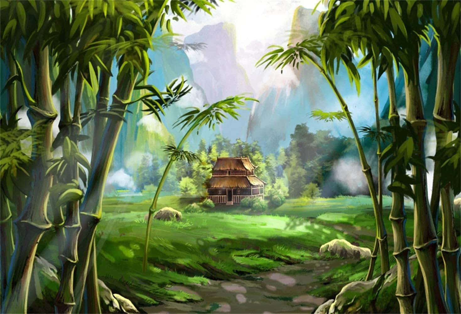 一座木屋被高大的竹樹環繞，位於霧氣瀰漫的山林之中。
