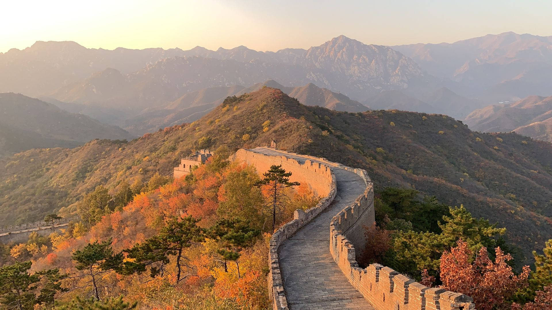 中國長城山脊 壁紙 — 長城蜿蜒穿過沐浴在金色夕陽光下、帶有火紅秋葉的秋山。