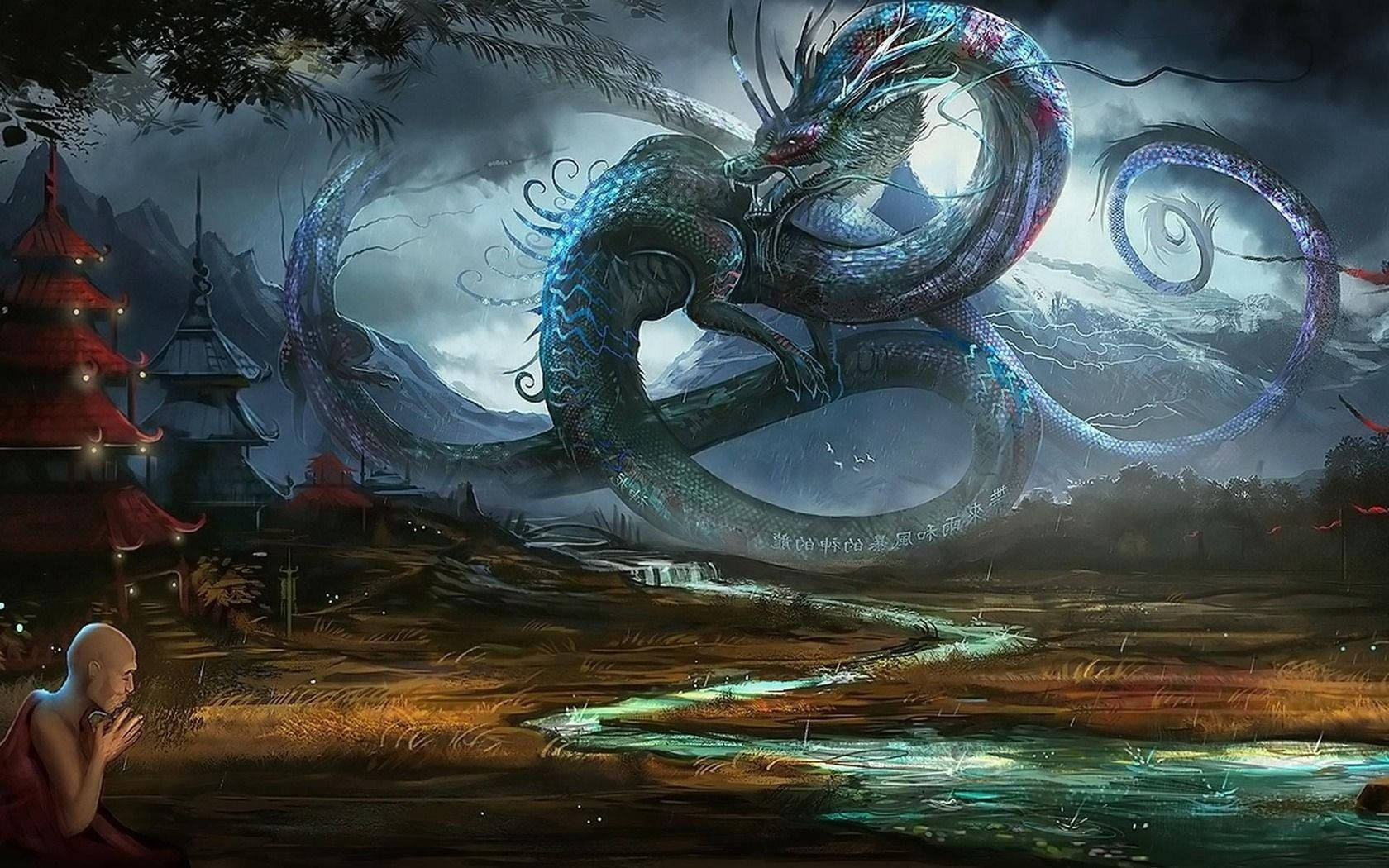 一位僧侶跪地祈禱，一條發光的藍龍在夜間升起於山村之上。