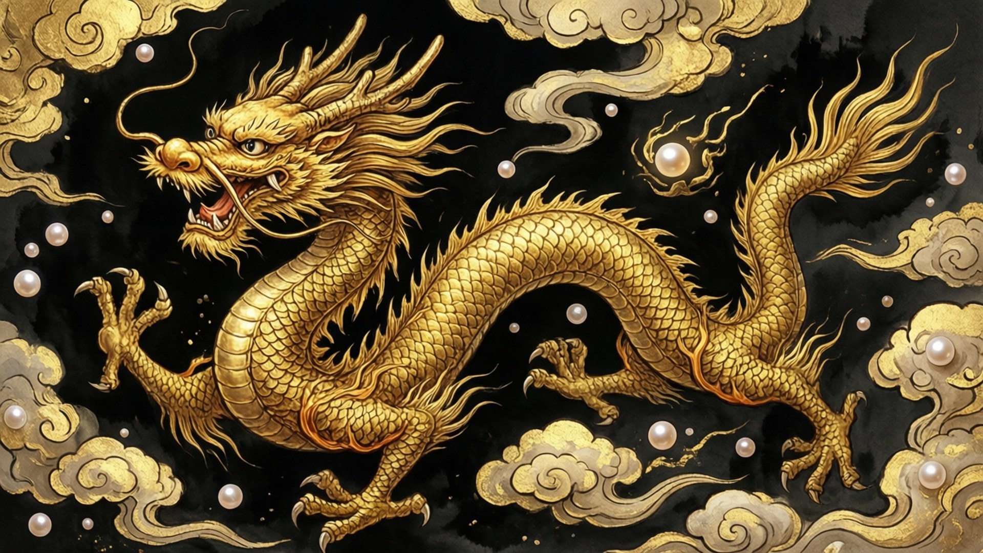 金龍細節鱗片在雲和珍珠間飛翔，黑暗背景